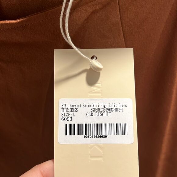 MESHKI (NWT) Harriet Satin Midi High Split Dress, Biscuit, Size L - Picture 6 of 15